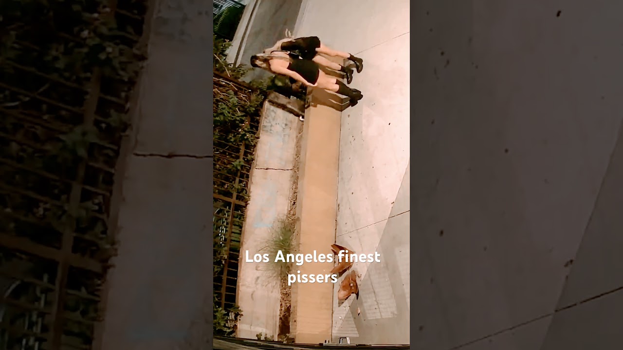 Los Angeles finest girls peeing into planter.