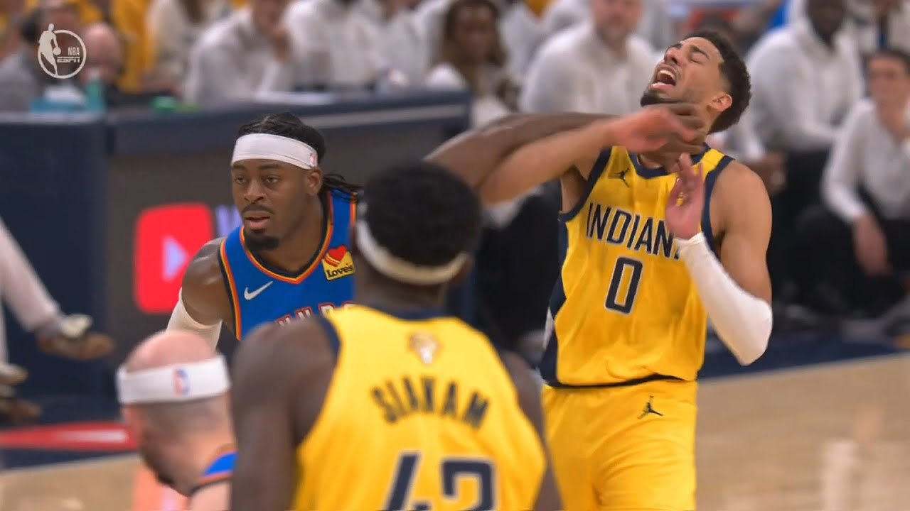 Lu Dort hits Tyrese Haliburton to the ground and Tyrese gets held back from ref