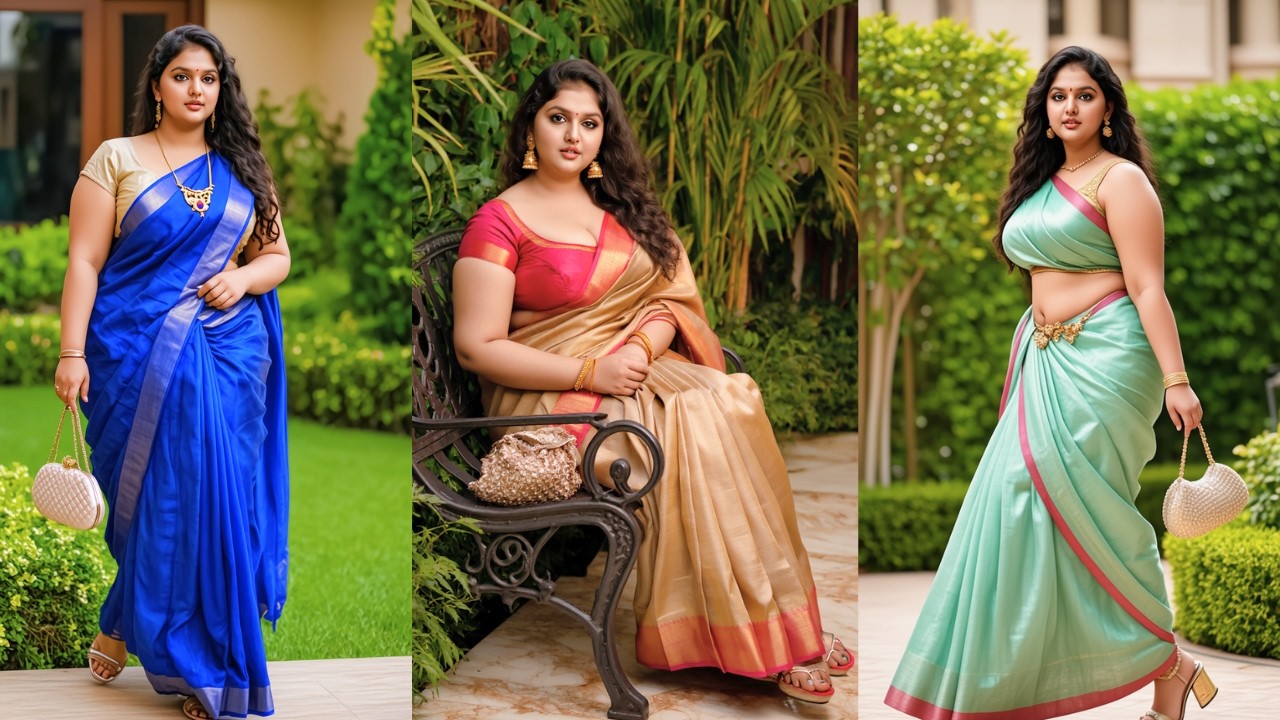 Luxury Villa Glam | Plus-Size Indian Beauty in Satin Saree | Natural AI Beauty [4K] Lookbook