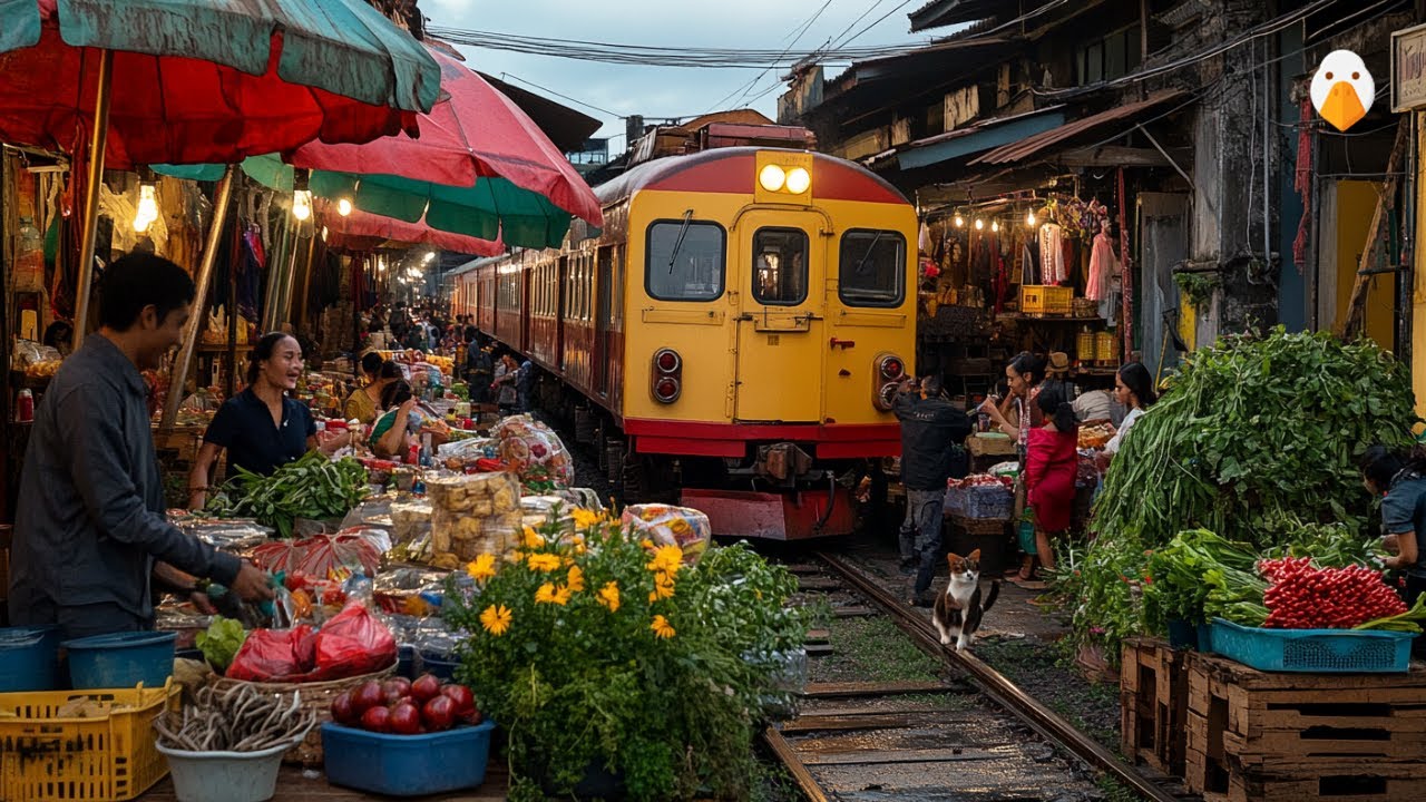 Maeklong Railway, Thailand🇹🇭 The Most Dangerous Train Market in Thailand (4K HDR)