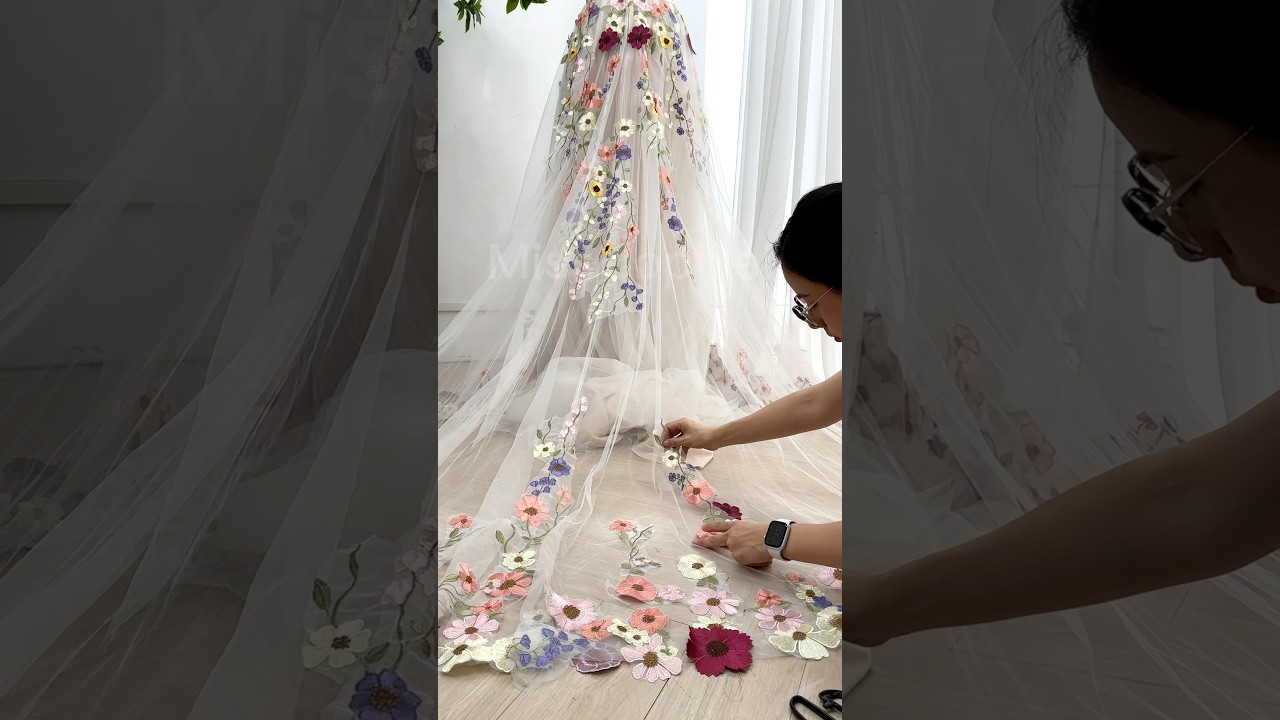 Making a v neck floral appliqué bridal dress with court train #dress #sewing #fashion #dressmaking