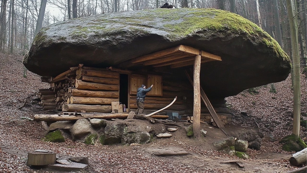 Man Builds Hidden UNDER-ROCK Home in the Forest | Start to Finish by @Outdoor_builder