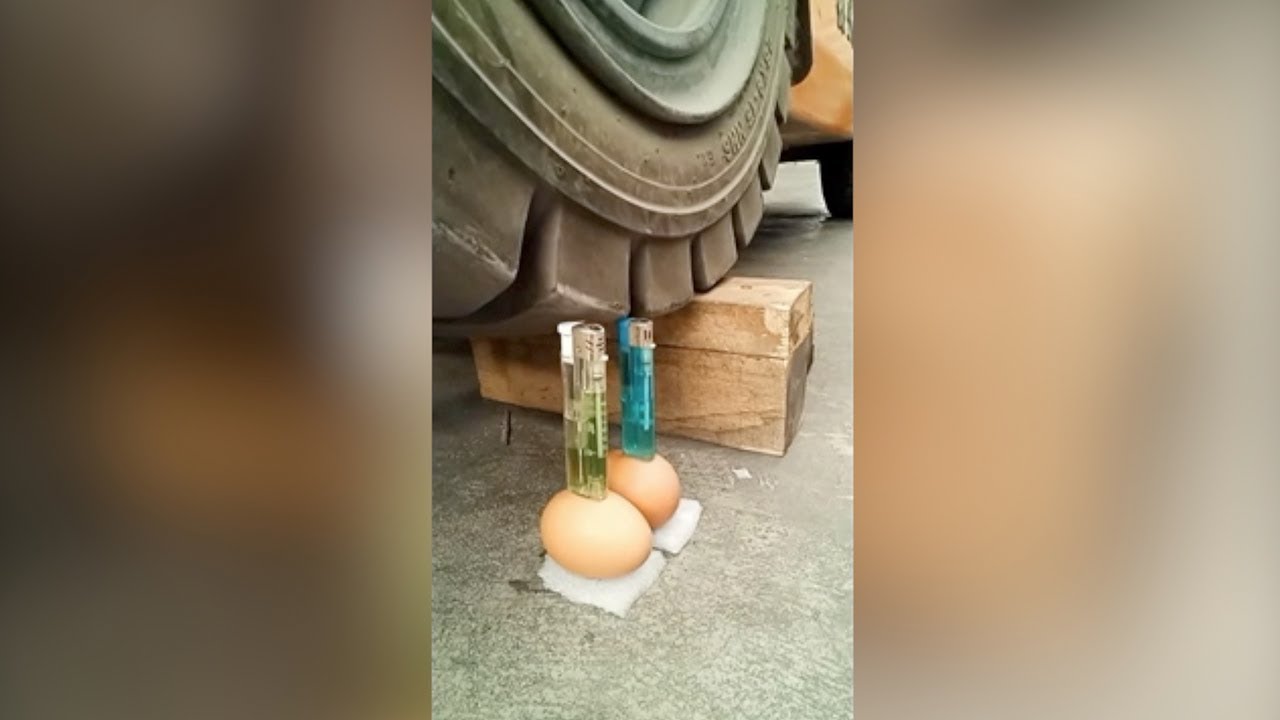 Man shows off his forklift dexterity with lighters and eggs