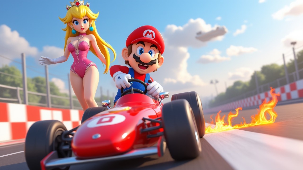Mario and giant giantess Princess Peach in Super Mario Kart World race