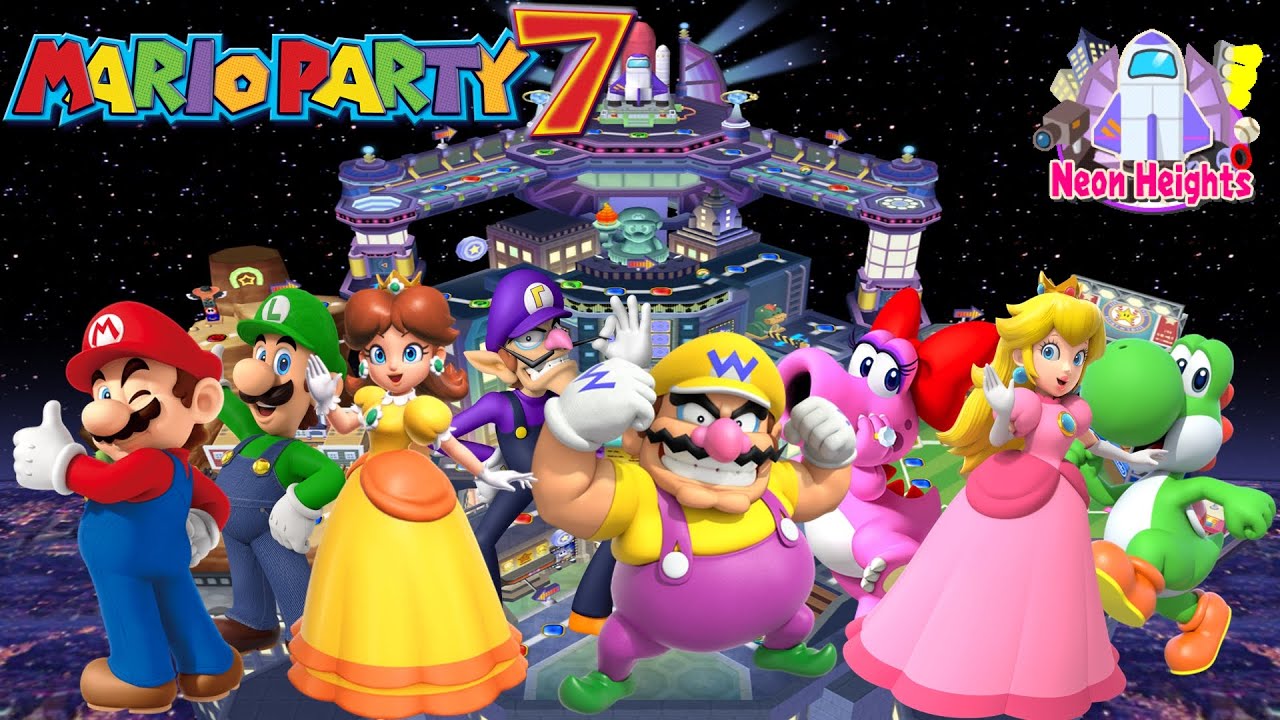 Mario Party 7 - Mario & Luigi vs Daisy & Waluigi vs Wario & Birdo vs Peach & Yoshi - Neon Heights