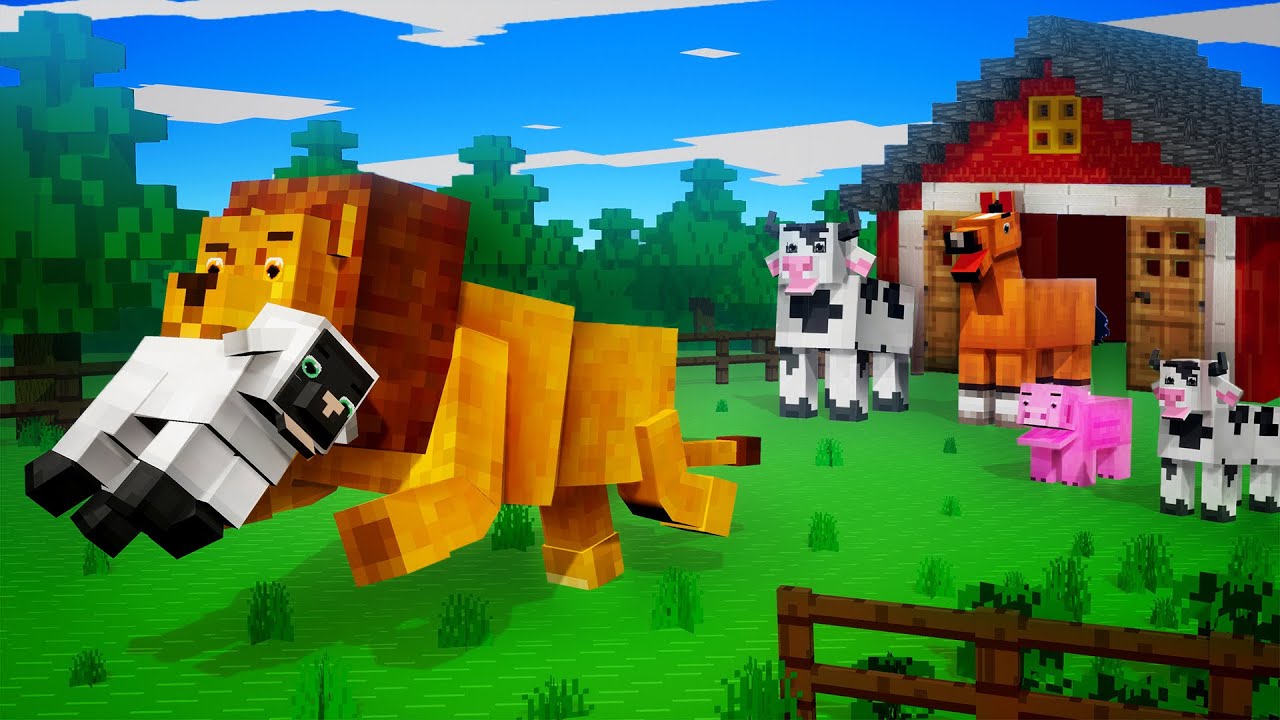 Minecraft Lion Steals Barn Animals, Cow to the Rescue! | Minecraft Animation Cartoons
