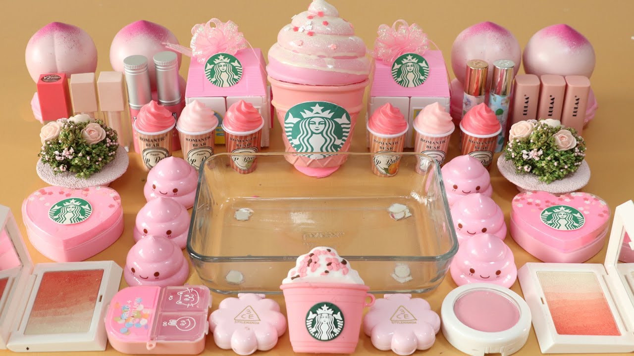 Mixing”Pink Starbucks” Eyeshadow and Makeup,parts,glitter Into Slime!Satisfying Slime Video!★ASMR★