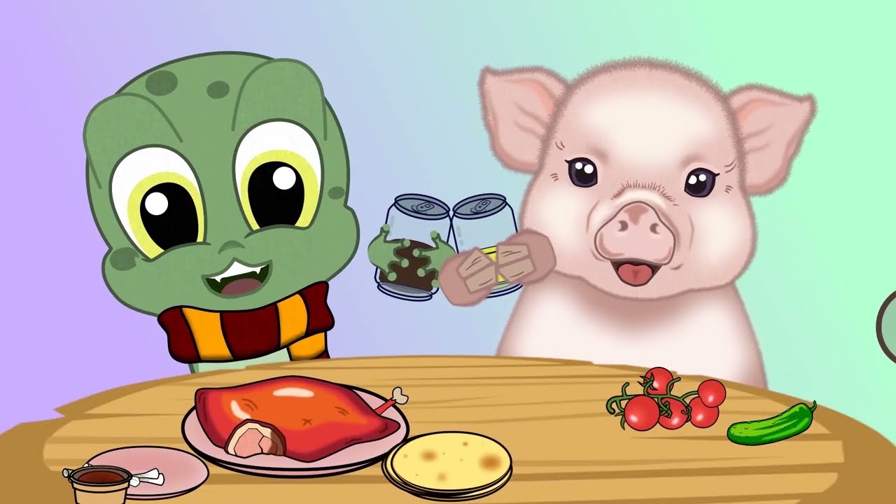 MUKBANG ANIMATION😋 Kvaka and Piggy  Eating Chinese Roast Duck and Vegetables #animation #mukbang