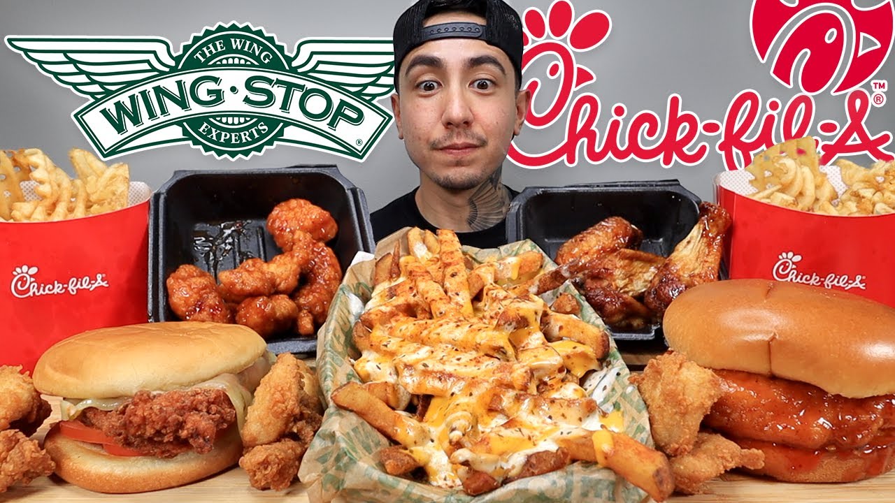 MUKBANG EATING Chick Fil A Deluxe Sandwich, SAUCY Voodoo Fries, Wingstop Mango Habanero Sandwich