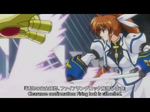 Nanoha blasts a hole through the spaceship in StrikerS