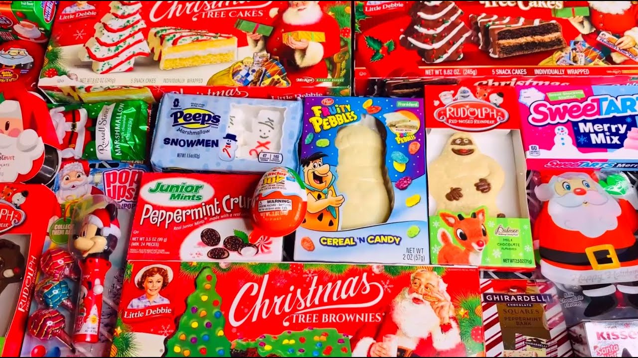 New 101 Yummy Snack Opening Lots of Christmas Candy Chocolates Tree Cakes Snowman Peeps Kinder Egg