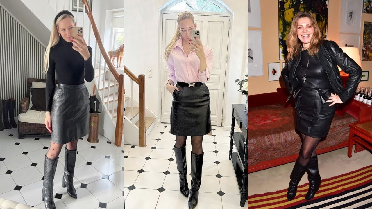 Older Women Leather Short Skirts with Leather Boots & Thigh High Heels and Boots