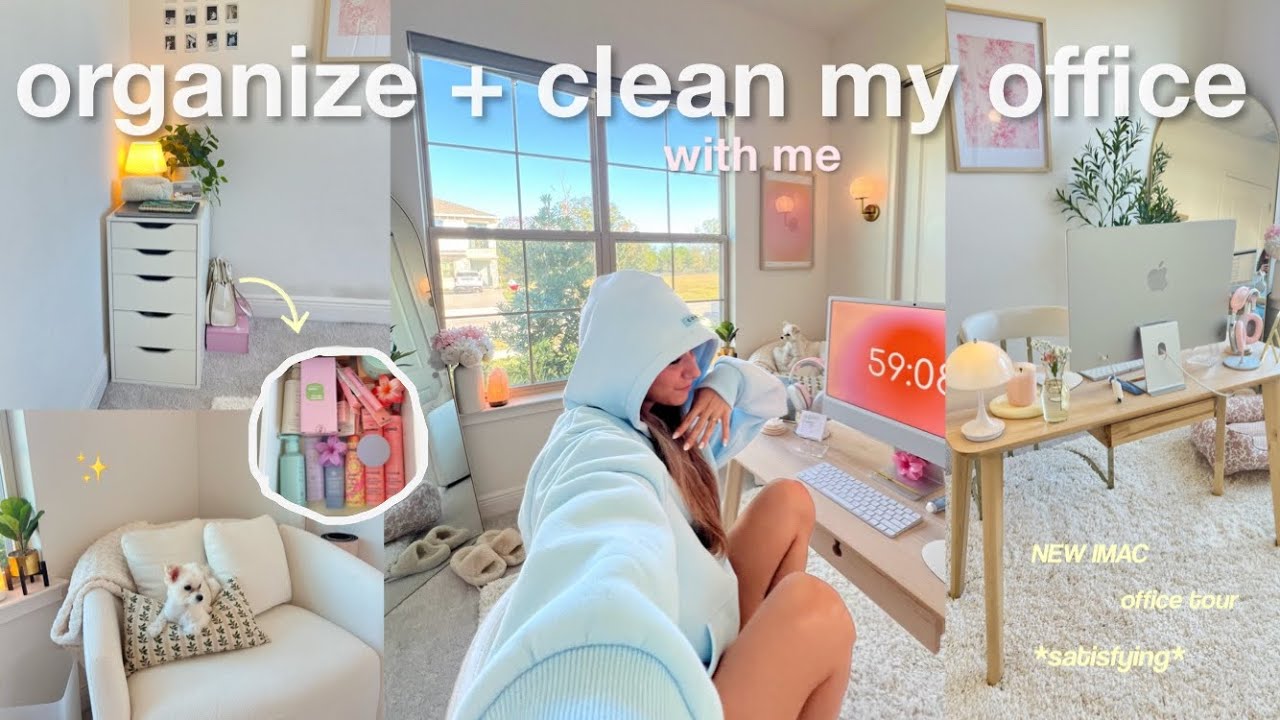 organizing + cleaning my *messy* office & tour🎧 *satisfying*
