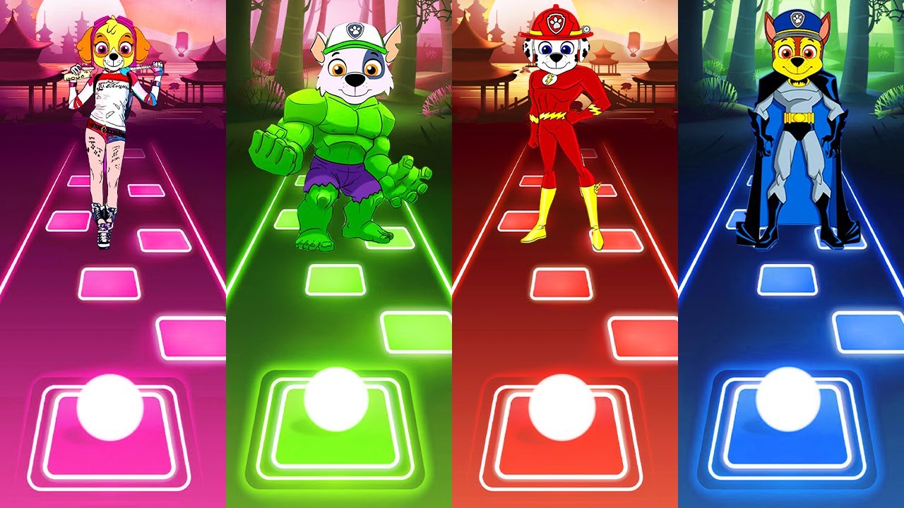 Paw Patrol Superhero Team : Skye vs Rocky vs Marshall vs Chase | Tiles Hop EDM Rush