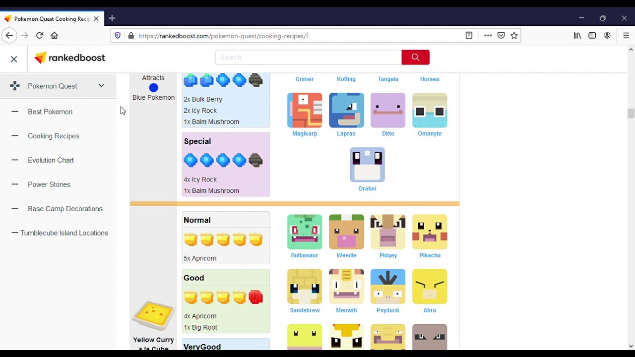 POKEMON QUEST All Cooking recipes for all Pokemon.