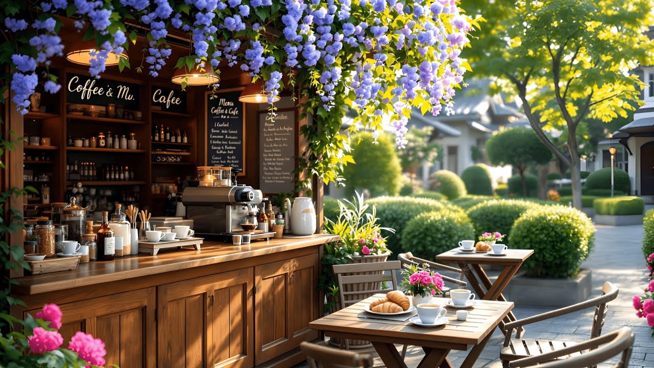 Positive Morning Spring Day 🌸 Tranquil Jazz Music at Spring Coffee Shop Ambience for Relaxing, Study