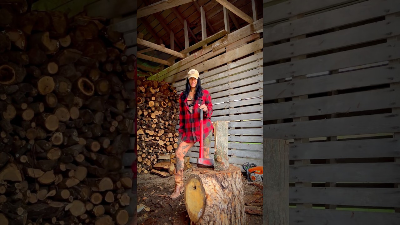 Preparing for winter with my 12lb splitting maul.  🤠🪵🪓 #firewood #woodshed #countrygirl #flannel