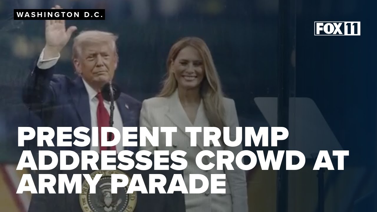 President Donald Trump addresses crowd after parade celebrating the U.S. Army