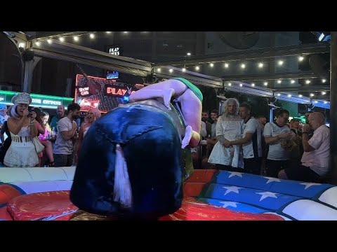 Pretty girl from the West Riding mechanical bull riding in #Benidorm 🤠 #Rodeo #FunTimes