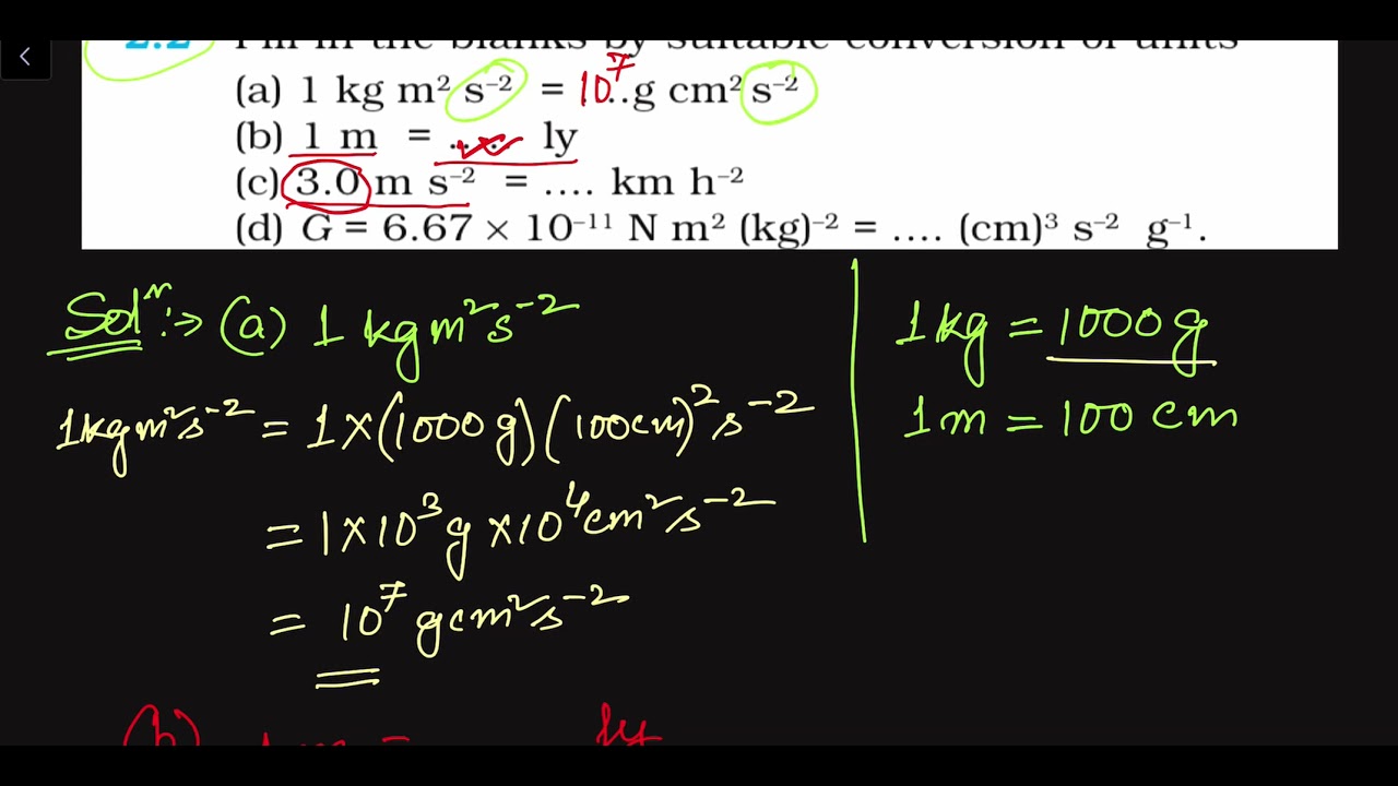 Q  2.2: Fill in the blanks by suitable conversion of units (a) 1 kg m2 s–2 = ....g cm2 s–2 (b)