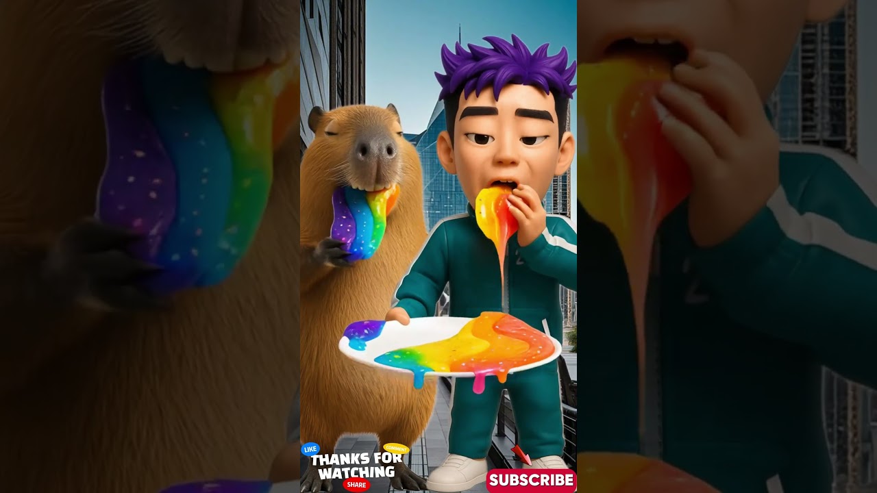 Rainbow Slime Candy ASMR with Capybara and Thanos 🍭🌈 #shorts #capybara #thanos #squidgame #fun