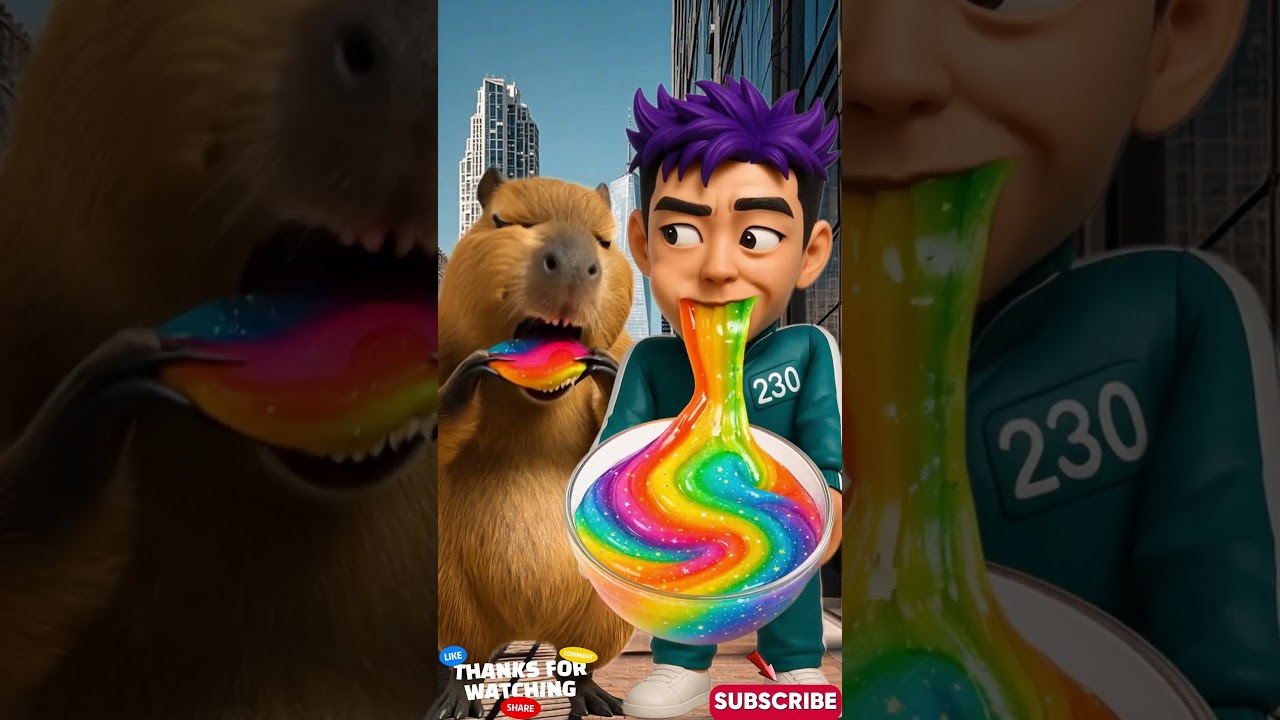 Rainbow Swirl Slime Candy ASMR with Capybara and Thanos 🍭🌈 #shorts #capybara #thanos #squidgame #fun