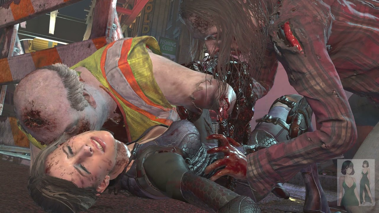 RE3 Remake Ryona Battlesuit Jill is eaten by two zombies