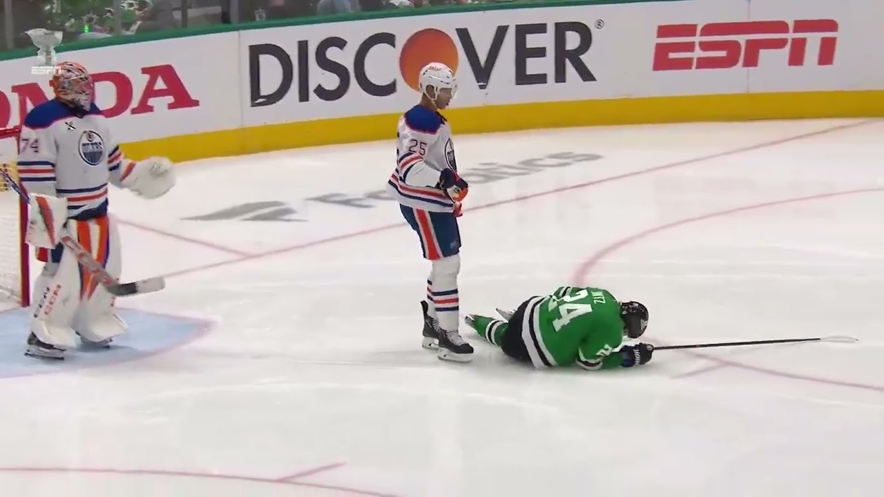 Roope Hintz gets assistance off the ice to the Dallas locker room after this hit from Nurse 23.05.25