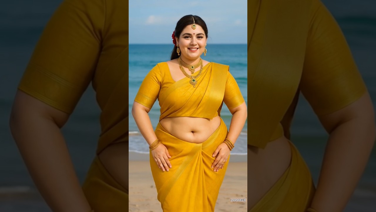 Royal Desi Queen in Yellow Saree 💛 | AI Beauty at the Beach 🌊#traditionallook