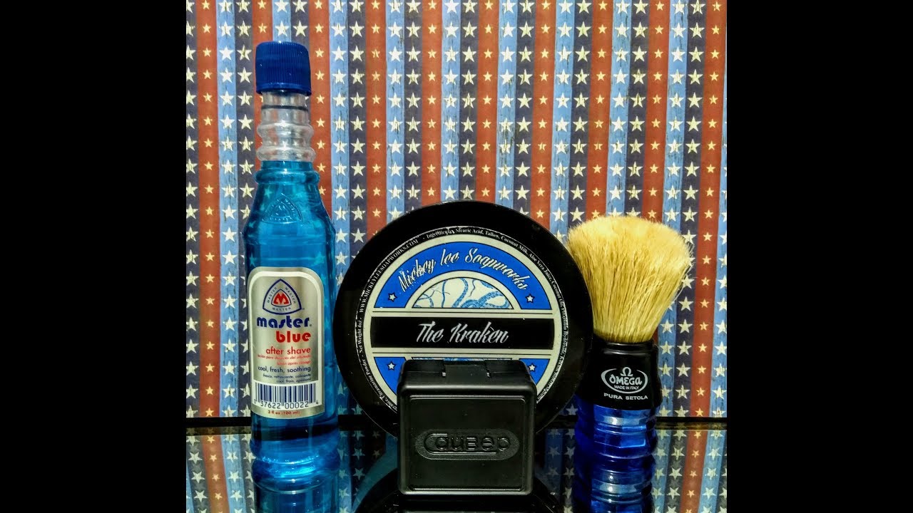 Saiver Safety travel razor, Mickey Lee Soapworks The Kraken and Master Blue aftershave