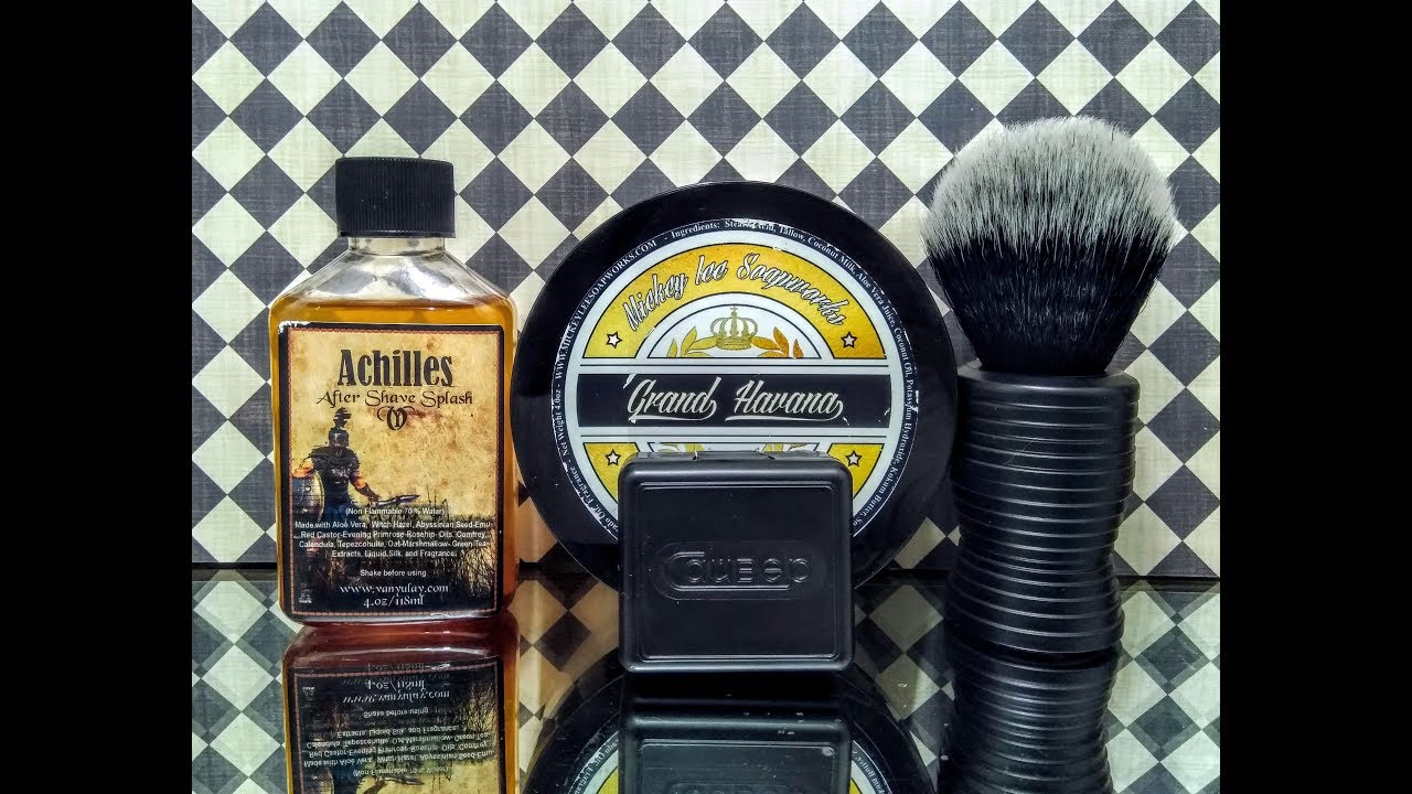 Saiver Travel Safety Razor, Mickey Lee Sopaworks Grand Havana and Van Yulay Achilles aftershave