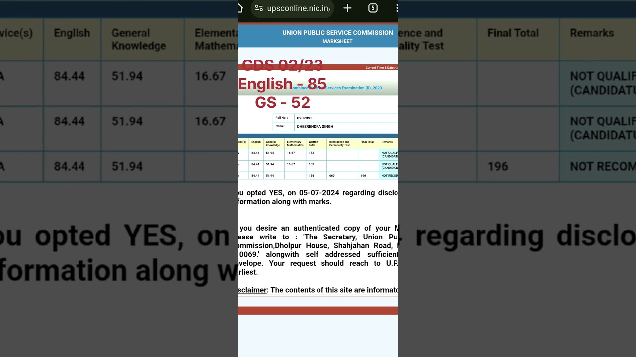 Scored 85 in ENGLISH and 52  In GS in CDS 02/23 #upsc #cdsmarks #english #score #marksheet #CDS