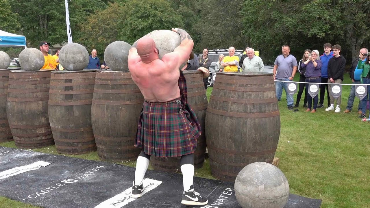 Scottish Strongmen Ardblair Stones Challenge during Donald Dinnie Games 2019 won by Andy Cairney