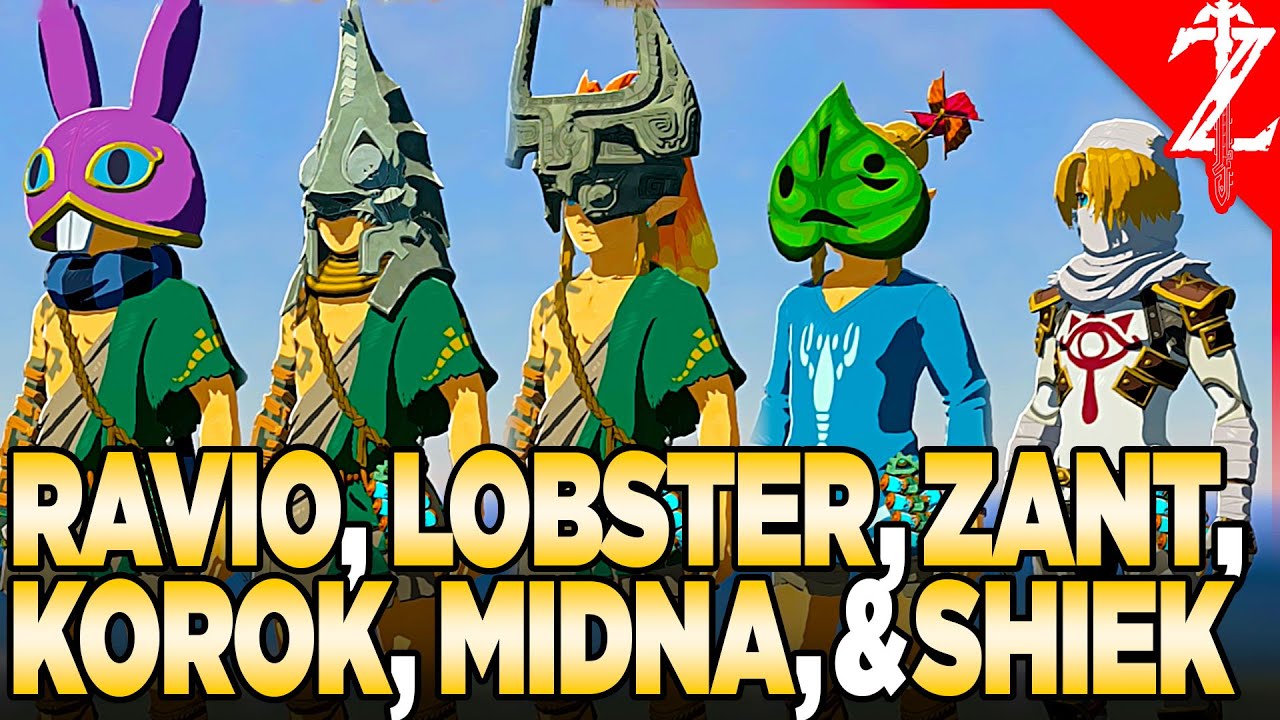 Sheik's & Korok Mask, Midna's & Zant's Helmet, Ravio's Hood, & Island Lobster - Tears of the Kingdom