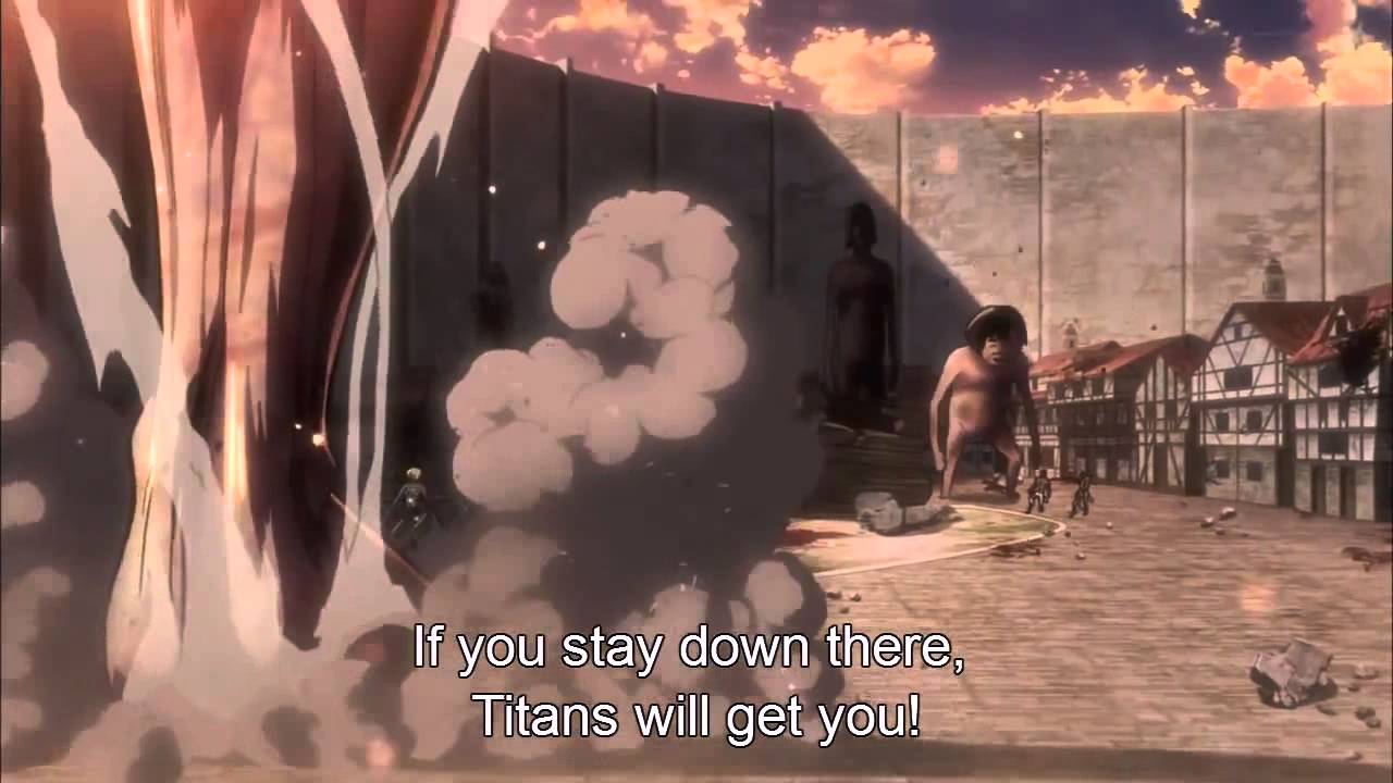Shingeki no Kyojin  - Eren blocks gate with boulder