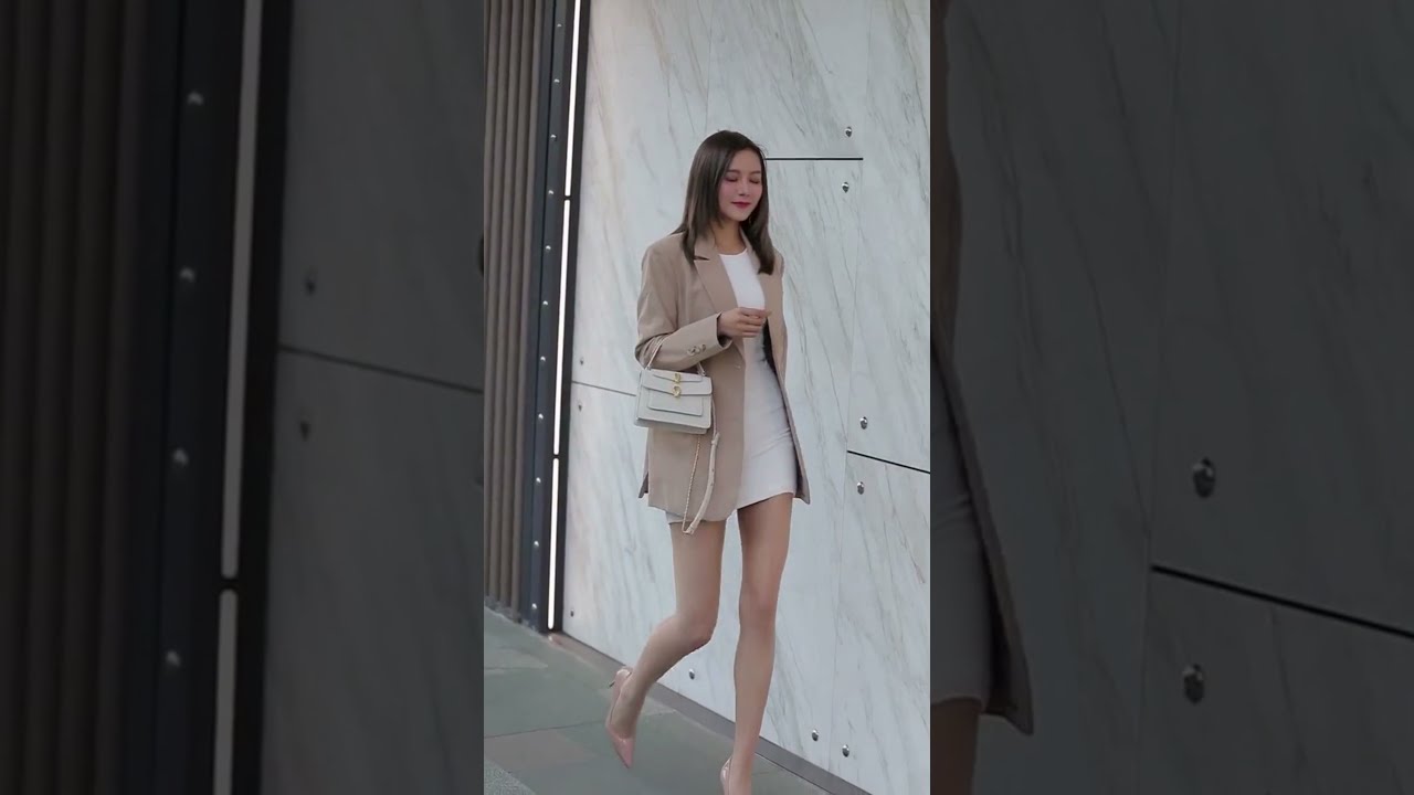 Short Skirt Beautiful Girl Going To Work in a windy day 2021