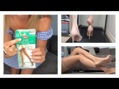 Silky Gloss Nude Hold Ups try On Review - Walking In Hold Ups Test Stockings Try On