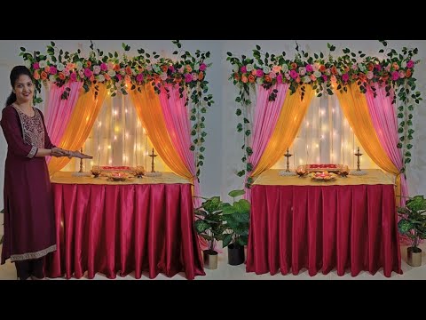 simple & Easy Festival backdrop decoration ideas for home / Table skirting using saree at home