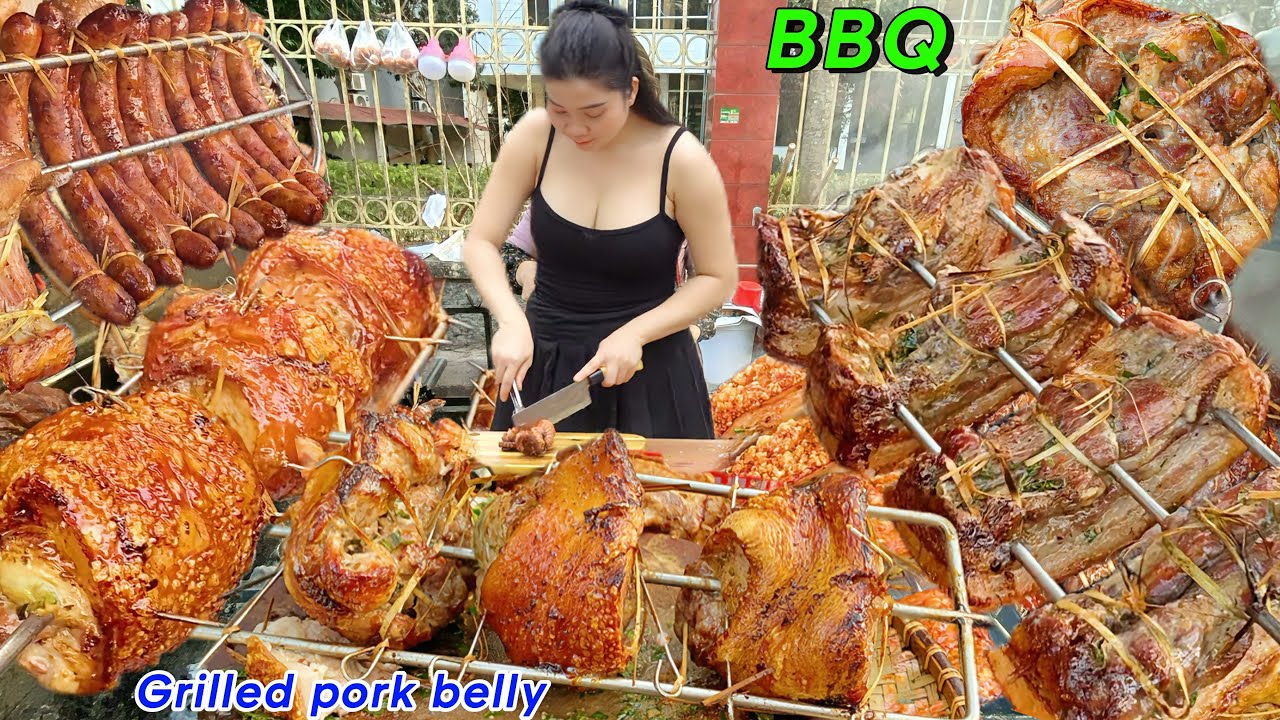 Sisters sell the best grilled pork belly and boneless pork legs on the sidewalk, everyone comes buy
