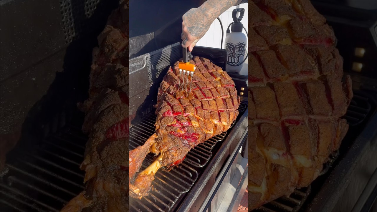 Smoking a 78 pound cow leg #beef #butcher #lowandslow #bbq