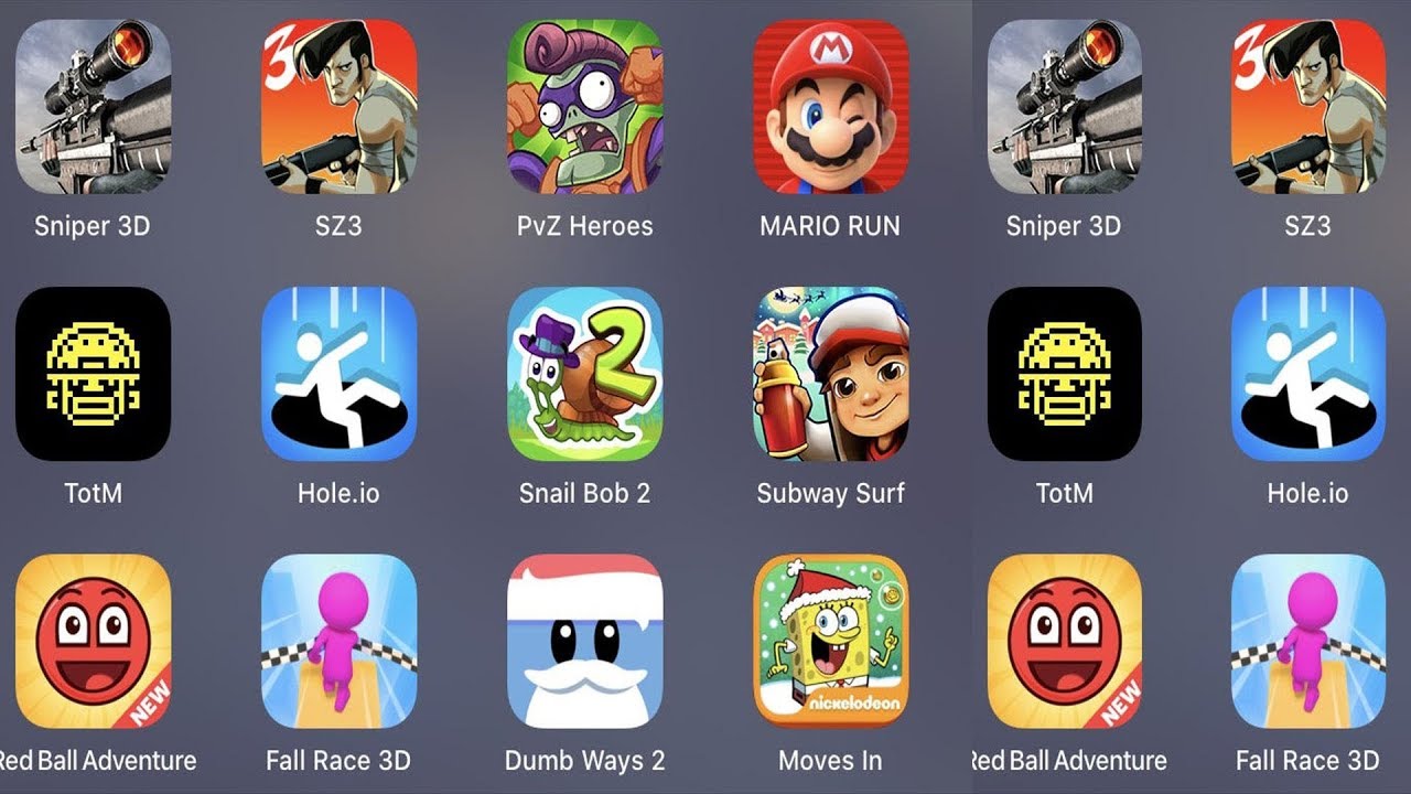 Sniper 3D,SZ 3,PVZ Heroes,Mr Bullet,Bowmasters,Tank Star,Dumb Ways 3,Mario Run