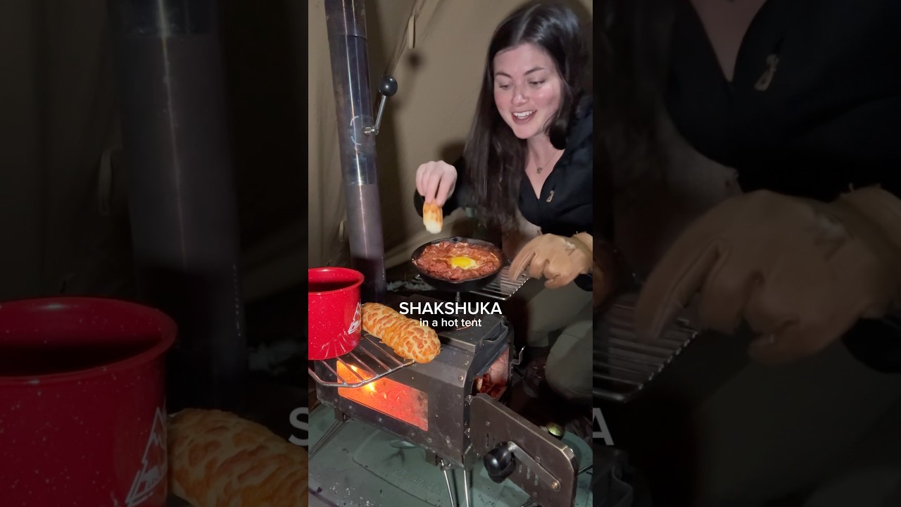 Solo winter camping hot tent meal: shakshuka