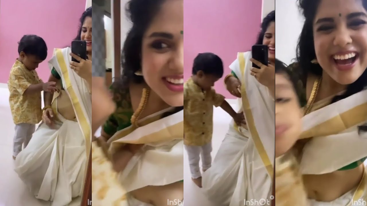 South Indian actress Neha Iyer hot enjoying with son | hot navel press | hot boobs in tight blouse 💦