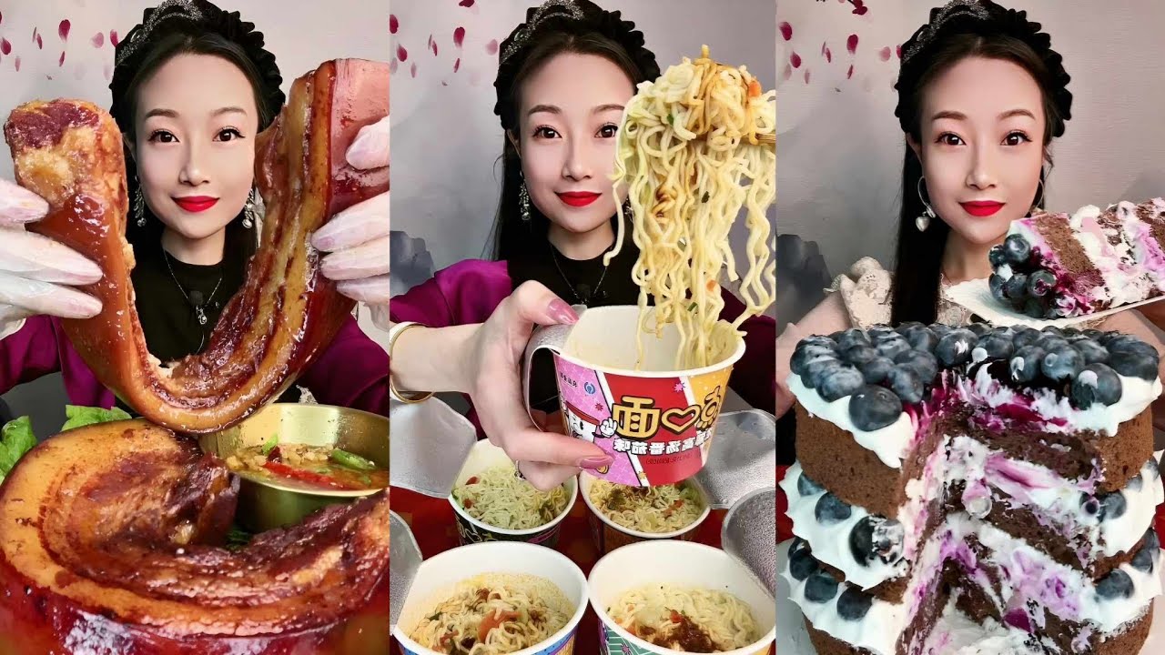 Spicy Chinese Pork Belly Mukbang | Cup Noodles | Boiled Eggs | Dessert Cakes | Braised Pork Mukbang