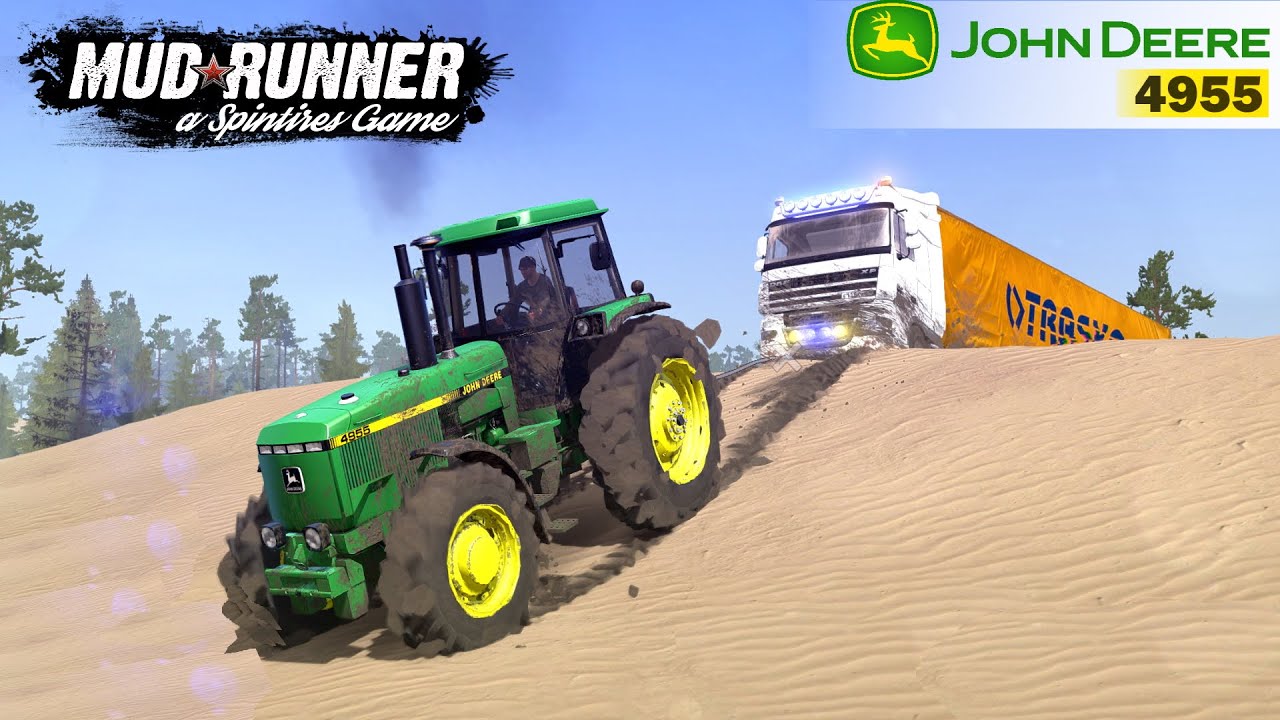 Spintires MudRunner - JOHN DEERE 4955 Tractor Pulls DAF Semi truck Out Of Sand