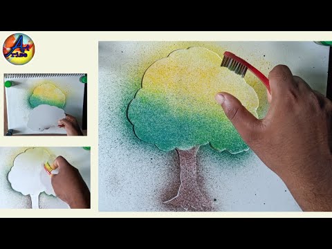spray painting with toothbrush//tree drawing