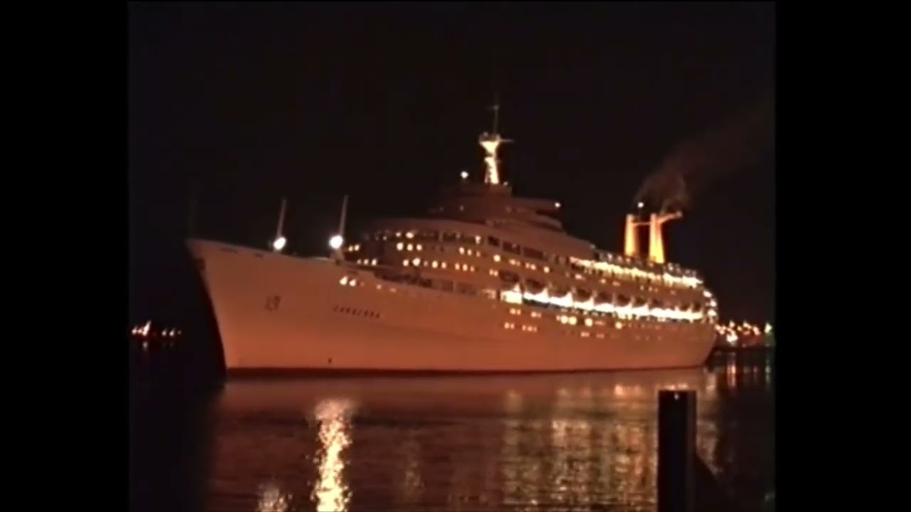 SS Canberra blows her Steam Whistle as she departs Southampton (1992)