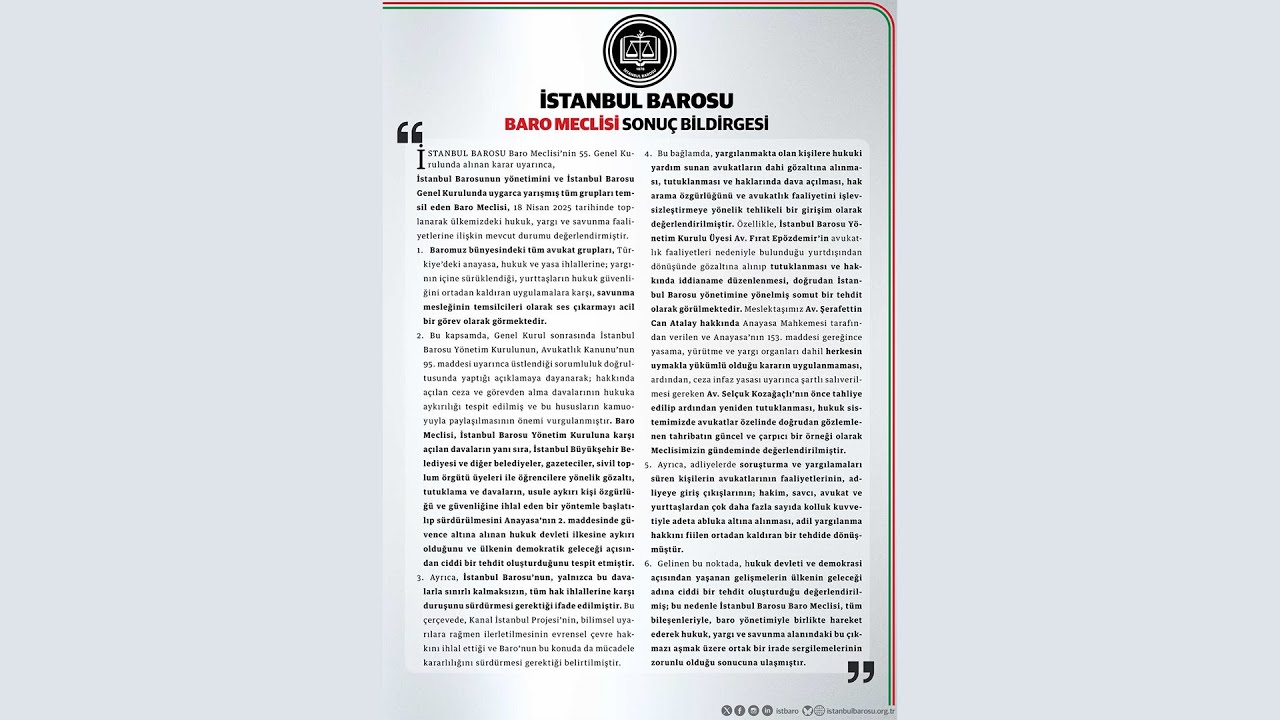 İstanbul Barosu Baro Meclisi Sonuç Bildirgesi