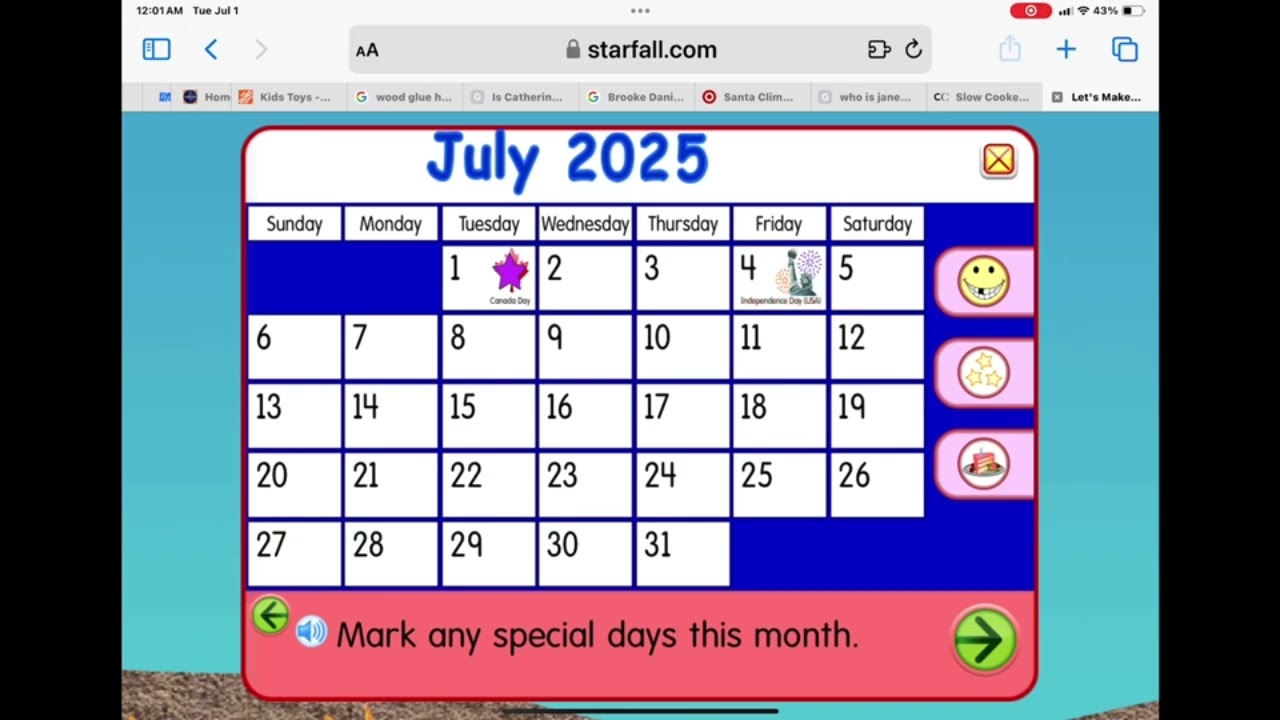 Starfall Calendar 2025 has 43 holidays starts today