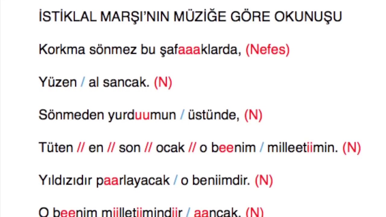 İstiklal Marşı'nın nefes duraklarına göre okunuşu 7 ve 6 sınıf